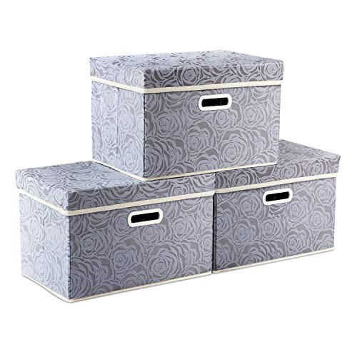 Collapsible Storage Boxes with Lids Fabric Decorative Storage Bins Cubes Organizer Containers Baskets with Cover Handles Divider for Bedroom Closet Living Room 14.9x9.8x9.8 Inch 3 Pack - color: Gray, size: Medium(3-Pack)