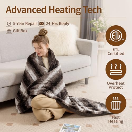 Bearhug Heated Blanket 6 Heat Settings Electric Blanket, 4-Hour Auto Shut-Off, Luxurious Faux Fur & Sherpa Dual-Sided Heated Throw, Machine Washable, 50 x 60 Inches, Gift-Ready Elegant Packaging - color: Cocoa Fade Stripe, size: Throw 50" x 60"