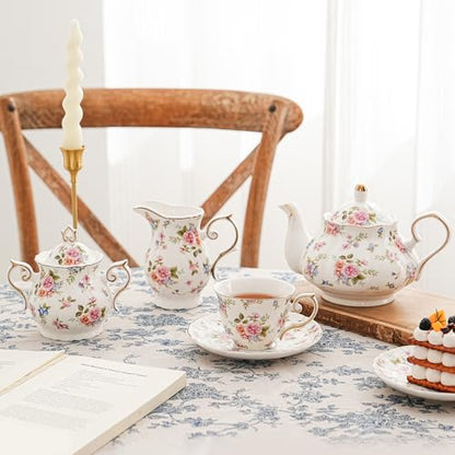 Agyiuns tea cups and saucers ceramic coffee mug 6oz set of 4 for Latte, Cafe Mocha, white with flowers - color: White and small floral-set of 4