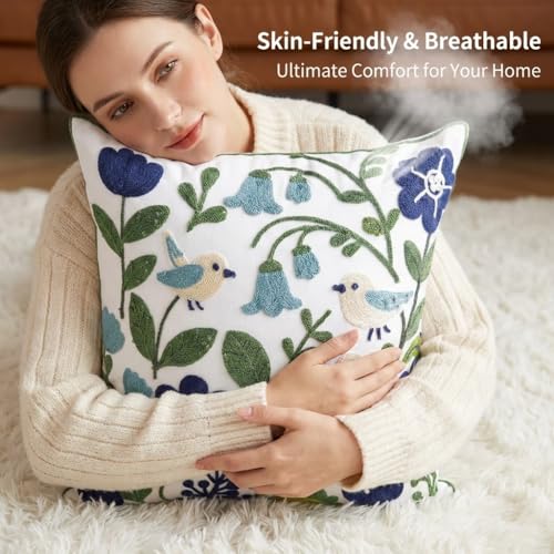 YIcabinet Pack of 2 Throw Pillow Covers, Embroidered Bird Flowers Pattern Throw Pillow Cover,Square Cotton Cushion,Pillow Case for Sofa Bedroom Couch,18"x18" - color: White18