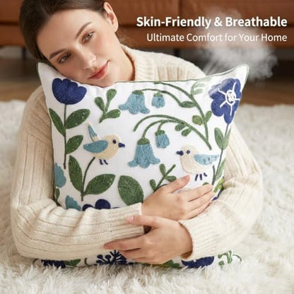 YIcabinet Pack of 2 Throw Pillow Covers, Embroidered Bird Flowers Pattern Throw Pillow Cover,Square Cotton Cushion,Pillow Case for Sofa Bedroom Couch,18"x18" - color: White18