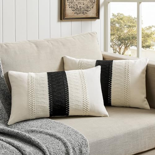 2 Pack Boho Lumbar Pillow Covers, Contrast Black 12x20in | Soft Breathable Cotton, Farmhouse Decorative Couch Pillow Cases, Cushion Covers for Sofa Bed Living Room Home Decor - color: Contrast/Black, size: 20" x 12" (Pack of 2)