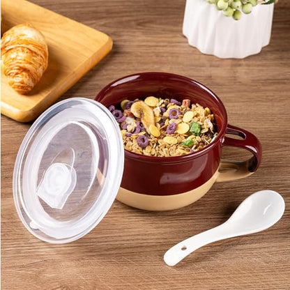 GBhome Ceramic Soup Mugs with Handles and Lids,24 OZ Soup Cups Set of 2 | Terracotta Underside,Mug Bowls with Spoon for Soup/Cereal/Salad/Noodles/Ramen/Microware &Dishwasher Safe-Blue&Red - color: Blue&Red