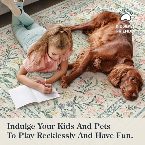 Lahome Boho Beige Rugs for Living Room 6x9, Washable Kids Rugs for Bedroom Girls, Farmhouse Soft Baby Carpet for Nursery, Non-Slip Carpet for Dining Room Playroom, Beige | Soft Baby Girls Carpet for Nursery, Non-Slip Carpet for Dining Room Playroom, Beige