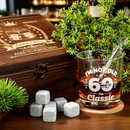 60th Birthday Gifts for Men - "I'm Not Old I'm Classic" Whiskey Glass Set | 6 Whiskey Stones, Coaster, Pipette, Tongs & Greeting Card, Perfect 60th Birthday Surprise for Dad, Grandpa Who Loves Scotch - style: 60th Mens Gifts