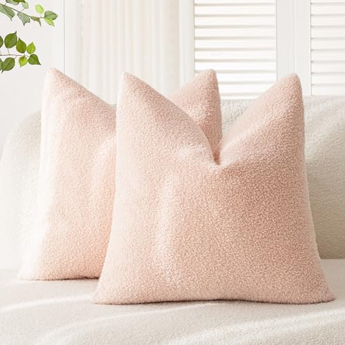 Foindtower Pack of 2, Curly Faux Fur Decorative Throw Pillow Covers Soft Fuzzy Plush Cushion Case with Zipper Cozy Pillowcase for Home Living Room Couch Bed Sofa 18 x 18 Inch, Light Pink - color: Sakura Pink, size: 18" x 18" (Pack of 2)