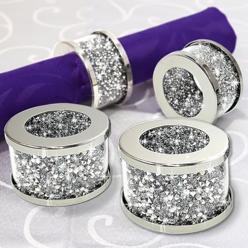 Silver Diamond Napkin Rings (Silver 4 Pack) | Crystal Glass Napkin Holder Glam Crushed Diamond Table Settings Bling Serviette Buckles Cloth Holder - color: Silver 4 Pack
