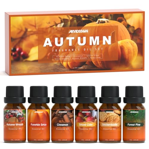 ARVIDSSON Autumn Fragrance Oil Set, Fall Essential Oils for Diffuser | Pumpkin Spice, Cinnamon, Spiced Cider, Snickerdoodle, Autumn Wreath, Pine, Cozy Aromatherapy Oils Gift, 6x10ml - color: Orange