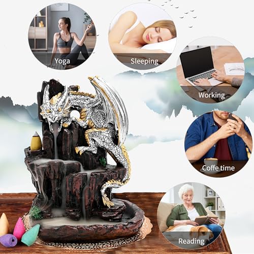 Dragon Backflow 2 Sided Mountain Waterfall Incense Burner,Fountain Smoke Incense Holder with Backflow Incense Cones, Tweezers, Mat，Resin Aromatherapy Meditationvaiuk (Silver) - color: Silver