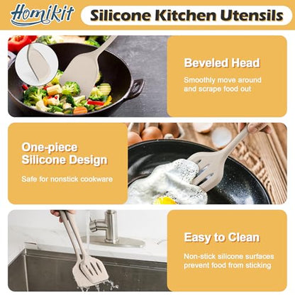 Homikit 15-Piece Kitchen Cooking Utensil Set, Silicone Utensils with Holder | Kitchen Gadgets Tools include Slotted Spatula Ladle Turner for Nonstick Cookware, Heat Resistant & Dishwasher Safe, Khaki