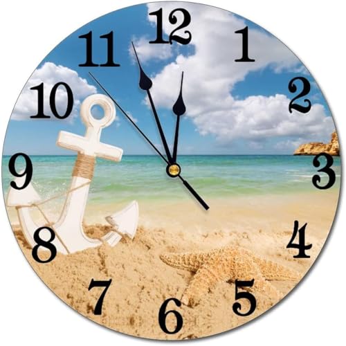 Sea Beach Starfish Nautical Anchor Wall Clock Battery Operated Silent Round Clock Wall Decor for Home Office School, 9.8 Inch - color: Nautical Anchor, size: 10 Inch