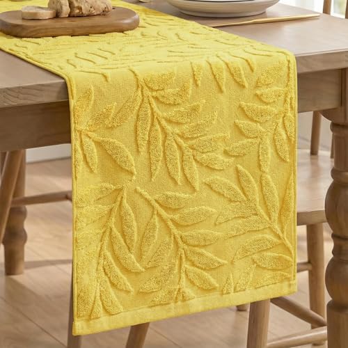 Artoid Mode Yellow Soft 3D Jacquard Leaves 100%Cotton Spring Table Runner, Holiday Kitchen Dining Table Decoration for Home Party Decor 13x72 Inch - color: Yellow
