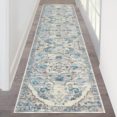 HEBE Hallway Runner Rug 2'x8', Washable Non Slip Kitchen Rug Runner | Soft Boho Bedroom Runner Rug, Vintage Distressed Low-Pile Floor Carpet Runners for Hallway, Entrance, Bathroom, Laundry - color: Blue, size: 2' x 8' (Rectangular)