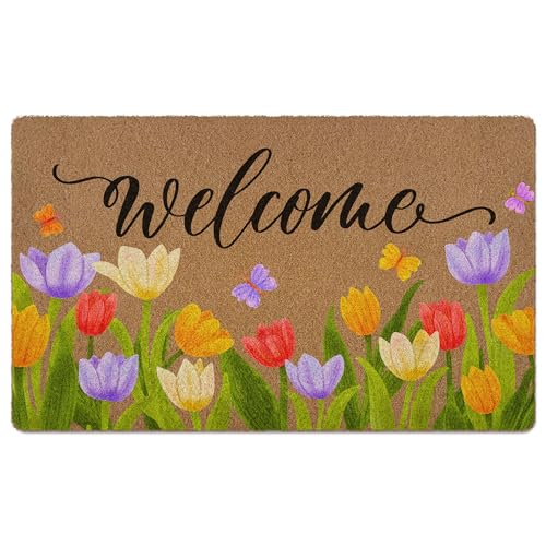 Spring Floral Welcome Door Mat, Colorful Tulip Butterfly Artificial Coir Front Door Mat Indoor Outdoor Entrance, Farmhouse Summer Flowers Doormat Rug for Porch Entryway Patio Decor, 17X30 Inch - color: Tulip