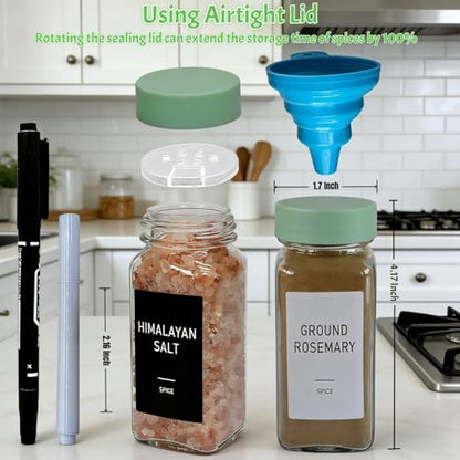 Spice Jars with Labels - 24 Glass Spice with Shaker Lids & Airtight Plastic Caps - 4oz Complete Seasoning Containers Organizer Set for Cabinet, Drawer & Rack (Light Green) - color: Light Green