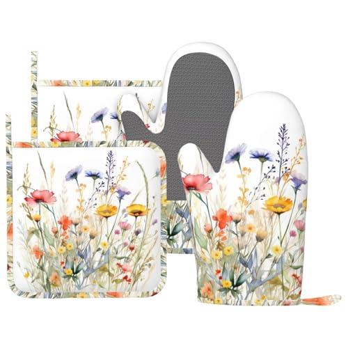 Wildflowers Oven Mitts and Pot Holders Sets for Kitchen Silicone Watercolor Flowers Oven Gloves Heat Resistant Blooming Flower Oven Mitts with 2 Non-Slip Pads Kitchen Gloves for Cooking - color: Red Blue