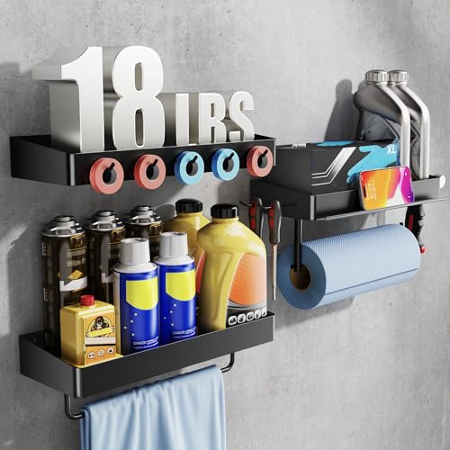 SUNTECH Garage Paper Towel Holder with Shelf, Wall-Mount, 3 Pack (Black) | Heavy Duty, Screw mounting, Built-in hooks, for Garage, Workshop, RV and Tool Room, Ideal for Garage Storage and Organization - color: Black, size: 12.8-inch(3 Pack)