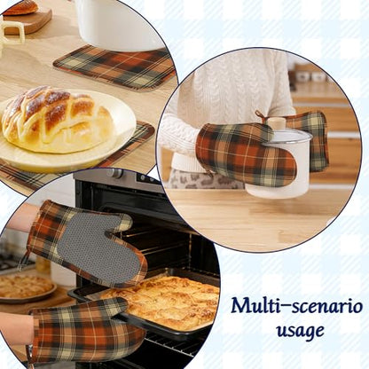Brown Buffalo Plaid Oven Mitts and Pot Holders Retro Check Silicone Kitchen Accessories Set of 4 Heat Resistant Non-Slip Long Gloves Potholder for Chef Cooking Baking Gifts Women Men - color: Brown Buffalo Plaid,retro Check