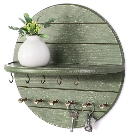 Rebee Vision Round Key Holder Wall Mount with 11 Hooks for Hallway, Green | Pine Wood, Round Corner, 2 Kinds of Key Hooks, Plant & Mail Display, Rustic Home Essentials, Entryway Wall Decor - color: Green