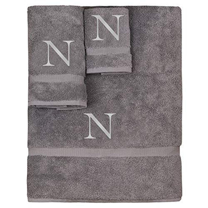 Monogrammed Towel Set, Personalized Gift, Set of 3- Silver Block Letter Embroidered Towel - Extra Absorbent 100% Turkish Cotton - Soft Terry Finish - Initial N Gray - color: Gray & Silver, size: Initial - N