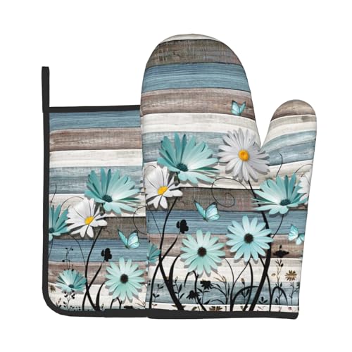 Daisy Floral Oven Mitts and Pot Holder Sets Rustic Wood Potholders Non-Slip Heat Resistant Oven Gloves for Kitchen Baking Cooking Grilling - color: Daisy Wood
