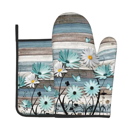 Daisy Floral Oven Mitts and Pot Holder Sets Rustic Wood Potholders Non-Slip Heat Resistant Oven Gloves for Kitchen Baking Cooking Grilling - color: Daisy Wood