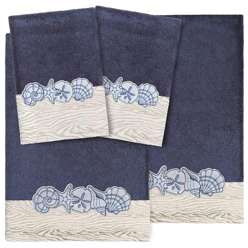 Seaside 4-Piece Luxury Towel Set, Sparkling Seashell Applique, Plush Turkish Cotton, Durable & Quick Dry, Nautical Bath Ensemble, 2 Bath 2 Hand Towels, Marine - color: Marine, size: 2 Pcs Bath 2 Pcs Hand Towel