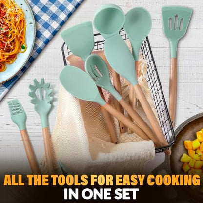 12 Pcs Kitchen Accessories Set with Holder, Silicone Heads (Light Green) | Kitchen Utensils Set for Cooking and Baking; Wooden Handles; Heat-Resistant up to 446°F; Non-Scratch for Nonstick Pans - color: Light Green