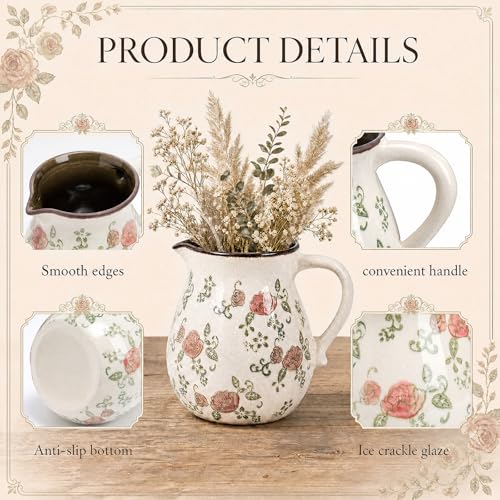 Retro Rustic Ceramic Utensil Holder 6.1" Modern Farmhouse Utensil Crock with Handle Kitchen Organizer for Countertop Home Decoration Housewarming Gift (Red Rose) - style: Red Rose