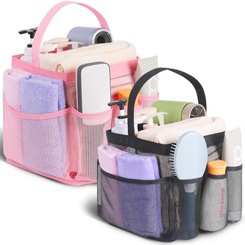 EUDELE 2 Pack Mesh Shower Caddy Portable for College Dorm Room Essentials, Shower Caddy Dorm with 9-Pocket Large Capacity,Shower Bag for Beach,Swimming,Gym All Black+All Purple - color: All Black+All Pink