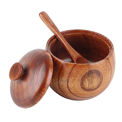 Wooden Salt Box with Lid & Spoon, Seasoning Pot Sugar Bowl Wood Salt & Spice Jar Box Salt Keeper, Pepper, Tea Container for Kitchen Countertop Restaurant