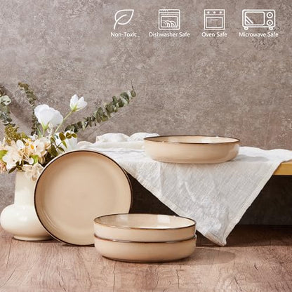 E-far Stoneware Pasta Bowls Set of 4, 35oz Double Reactive Glaze | Wide & Shallow Ceramic Pasta Plates for Serving Salad Soup Dinner, Dishwasher & Microwave Safe, Sandy Beige - color: Sandy Khaki