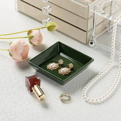 Ceramic Trinket Dish, Small Jewelry Ring Tray, Dark Green | Glazed ceramic jewelry tray. Stores rings, earrings, necklaces, bracelets. Easy to clean. Perfect for vanity and entryway. - color: Dark Green Surface