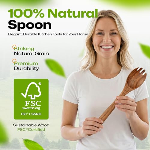 Wooden Salad Spoon Fork, 2-in-1 Teak Wood Cooking Utensil, Long Handle Non-Stick Safe Pasta Server for Mixing Tossing Serving Salad Pasta and Fruits