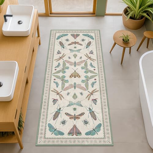 Washable Non Slip Bathroom Runner Rug 2x5, Insect Boho Bath Mat, Stain Resistant Low Pile Butterfly Insect Print Rugs for Laundry Room, Powder Room, Beige Green - color: Beige Green, size: 2' x 5' (Runner)