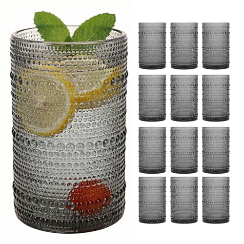Moretoes 12 Pack 12 Oz Gray Hobnail Drinking Glasses Set,Water Glass Cups | Highball Glasses Embossed Boho Kitchen Bar Tumbler Glassware Set for Whiskey, Beer, Juice, Milk and Various Mixed Drinks - color: Gray, size: 12pcs