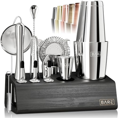 BARE BARREL® Mixology Bartender Kit Bar Set | 14-Piece Cocktail Shaker Set | Martini Barware Mixing Tools for Home Bartending | Incl. 35 Recipe Cards | Gift Set (28oz Boston Shaker, Silver/Black) - color: Silver/Black
