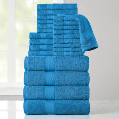 24-Piece Set of Towels, Lightweight 380 GSM Cotton Towels, Quick Drying, Absorbent Hand Towels, Fingertip Towels, Bath Towels, & Washcloths, Blue - color: Blue