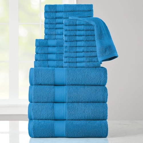 24-Piece Set of Towels, Lightweight 380 GSM Cotton Towels, Quick Drying, Absorbent Hand Towels, Fingertip Towels, Bath Towels, & Washcloths, Blue - color: Blue