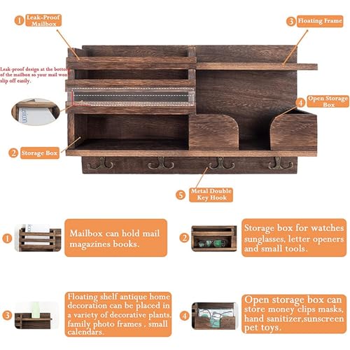 Key Holder Wall Mount, Wooden Organizer Wall Mount with 4 Double Hooks and Wallet Holder, Sunglasses and Mail Storage Rack for Entryway or Mudroom - Brown