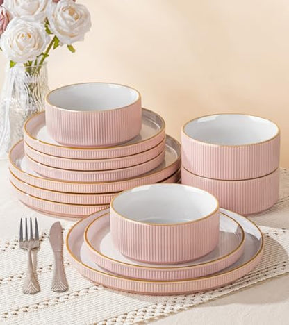 GBHOME Stoneware Dinnerware Sets for 4, 12 Pieces Plates and Bowls Set | Lightweight Ceramic Ribbed Dishes, Reactive Glaze Stackable Plate Set, Scratch Resistant, Microwave & Dishwasher Safe, Pink - color: Pink