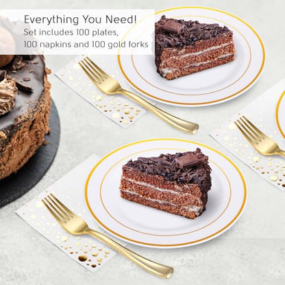 Gold Dessert Plates Set, 100 Wedding Plates, Forks and Napkins, 7.5 Inch | Sturdy plastic, cake service, appetizer tables, salad course, weddings, birthdays, easy cleanup - color: Gold, style: Plates,Forks and Napkins