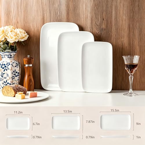 White Serving Platters Set of 3, Rectangular 15.5/13.5/11 Inch Serving Dishes for Entertaining, Ceramic Serving Trays for Party, Sushi, Steak & Dessert，Microwave & Dishwasher Safe - size: 15.5/13.5/11Inch Set