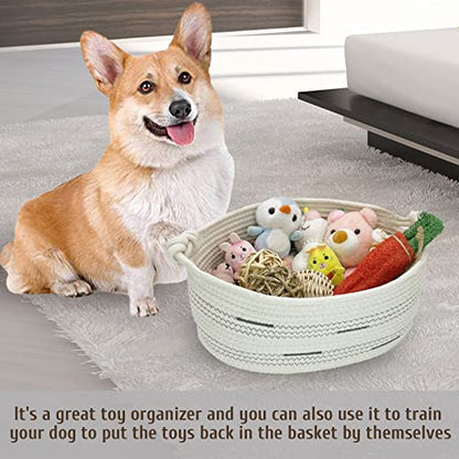 Fhiny Cotton Rope Dog Toy Basket with Handle Puppy Toys Storage Bin Small Woven Rectangle Diapers Pet Kitty Bed Perfect for Carry Pet Chew Toys Blankets Leashes Doggie Stuff - Beige M - size: B-M:15.7"×11.4"×7"