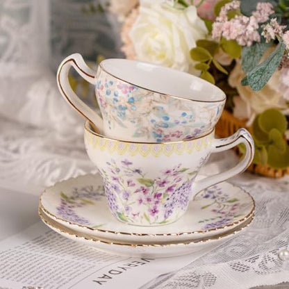 KAMMAK Tea Cups and Saucers Set of 2, 7.4 oz Porcelain Coffee Cups, 573N | Stackable Espresso Mugs, Ceramic Demitasse for Coffee, Cappuccino, Latte, Americano, Tea - size: 7KPSP573N+574N