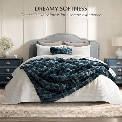 Faux Rabbit Fur Bubble Throw Blanket, 50"x60", Marble Deep Indigo | Ultra Soft, Luxury Faux Rabbit Fur Throw, Thick Warm Bubble Blanket, Cozy Fluffy Reversible, for Bed, Couch, Chair, Sofa - color: Deep Indigo Marble, size: 50"x60"