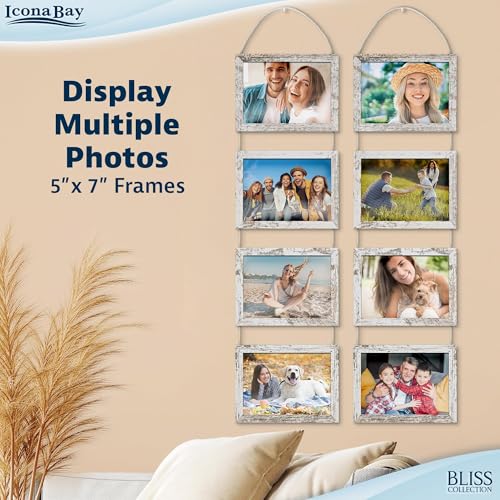 5x7 Hanging Picture Frames Collage with 8 Openings - Distressed White, 2 PK | Icona Bay casual style engineered wood frames, designed for wall hanging, space-saving photo display, Bliss collection - color: Distressed White, size: 5x7