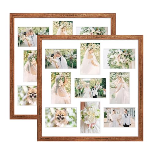 17x17 Collage Frame with 9 Openings 4X6 Pictures, Multiple Picture Frame with Mat, Wall or Tabletop Decor, Carbonized Brown Wood Grain,2 Pack - color: Carbonized Brown, size: 17x17-(9 open4x6)-2P