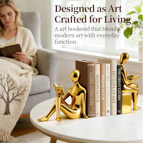 Decorative Bookends Set, Ceramic Book Ends for Shelves, Home Office Aesthetic Book Stopper, Reading Book Holder Statues for Bookshelf Bedroom Living Room Decor (Gold)