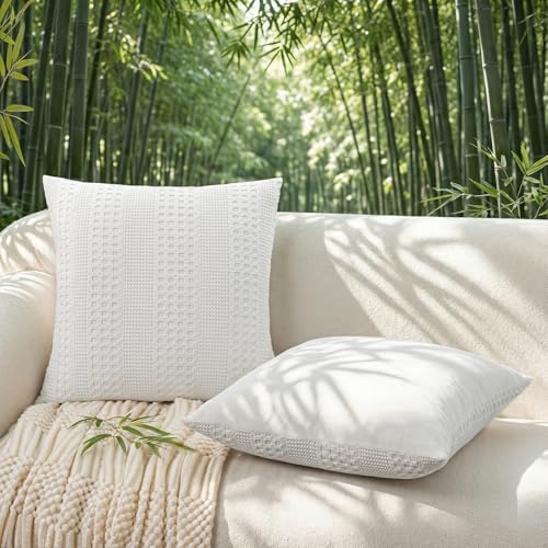 a moment 2 Pack Bamboo Fiber Pillow Covers - Waffle Weave, Ultra Soft & Breathable, Euro Shams Cotton Throw Pillow for Couch, Sofa, Bedroom Living Room 22x22 Inch White - color: White, size: 22" x 22" (Pack of 2)